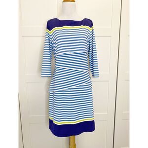 J McLaughlin Striped Tiered Nicola Dress Blue Lime Medium Preppy